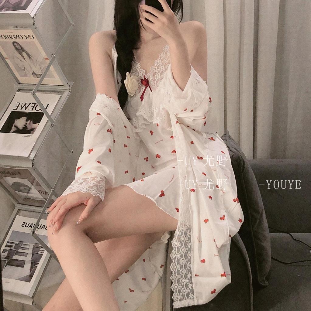 Sexy Pajamas Women Ice Ribbon Chest Pad Strawberry Girl Lace Printed Pajamas Suspender Two-piece Set Women