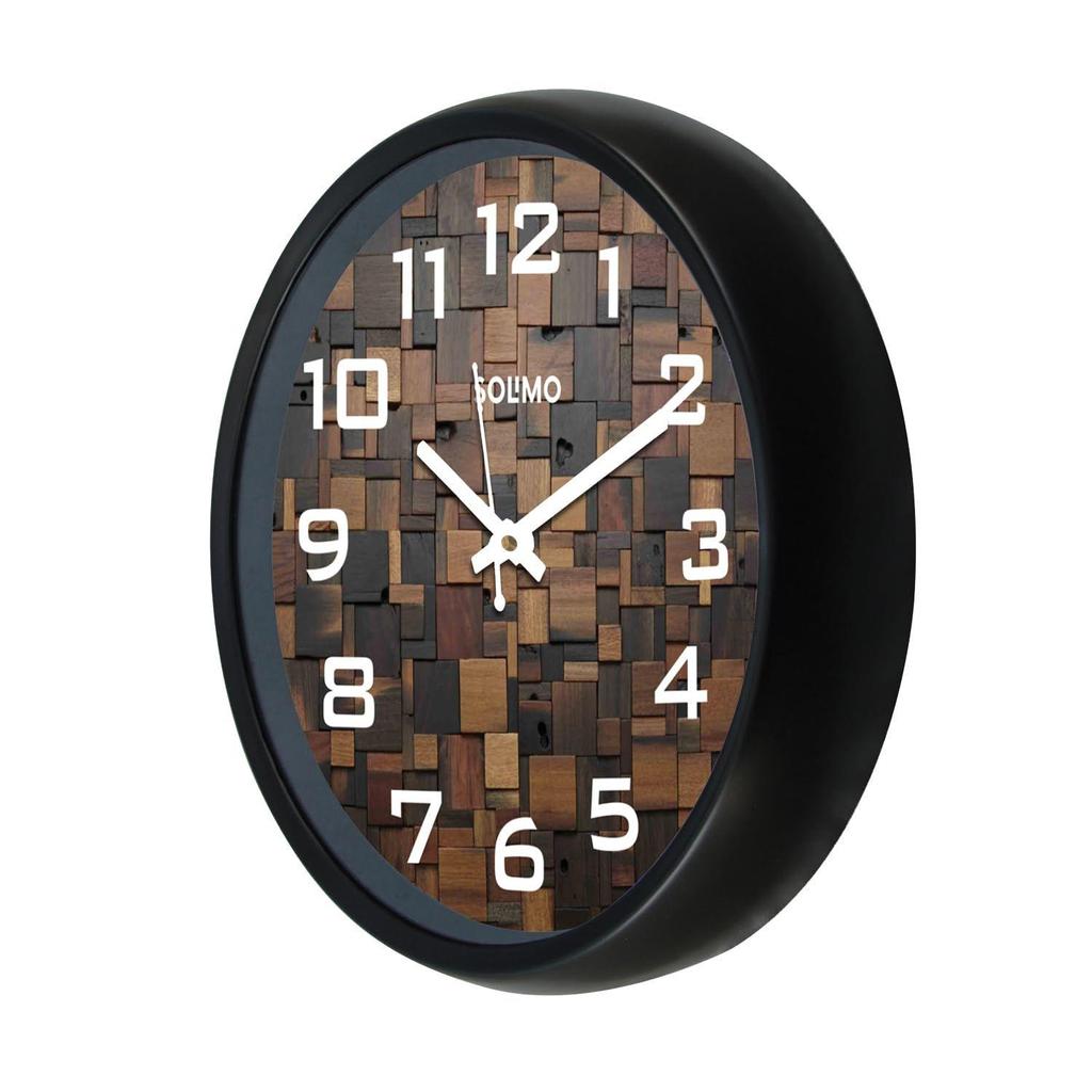 12-inch Plastic & Glass Wall Clock - Wood Craft (Silent Movement), Black