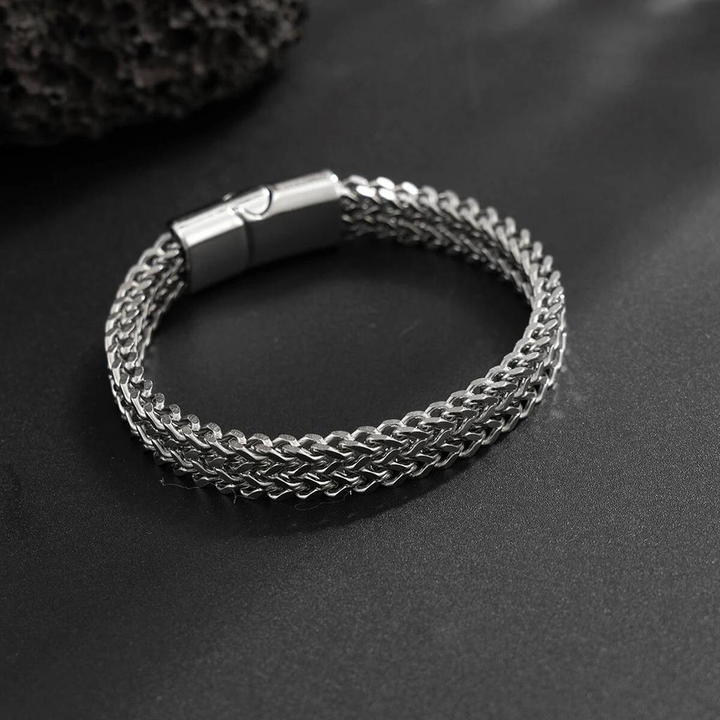 Salircon Hip Hop Punk Stainless Steel Braided Double Row Front Rear Fish Scale Titanium Steel Magnetic Buckle Bracelet Jewelry