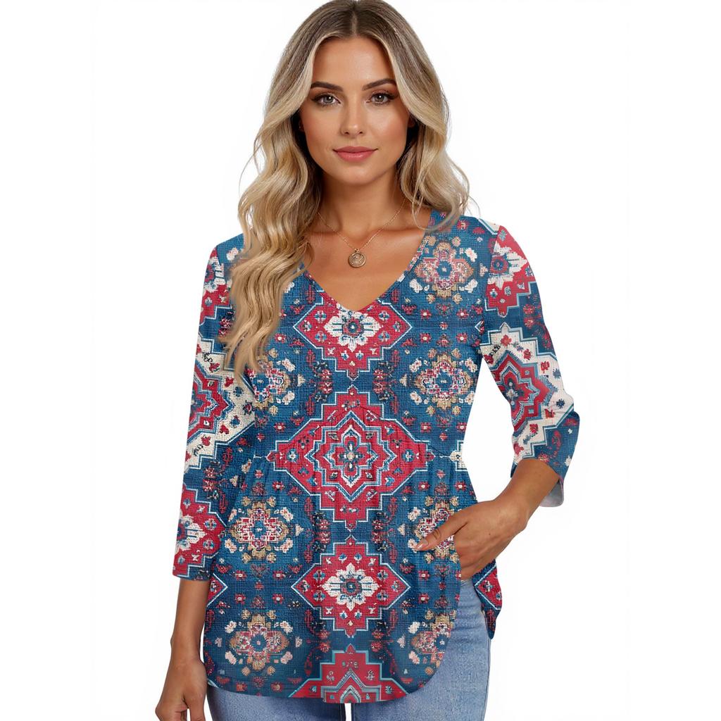 Women's T Shirt Print 3/4 Sleeve Fashion Basic V- Neck Regular Top