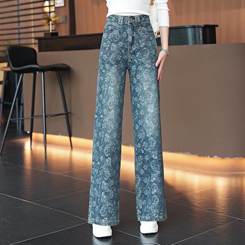 

Women s 2025 Autumn High Street Floor-Length Wide-Leg Jacquard Denim Pants M синий