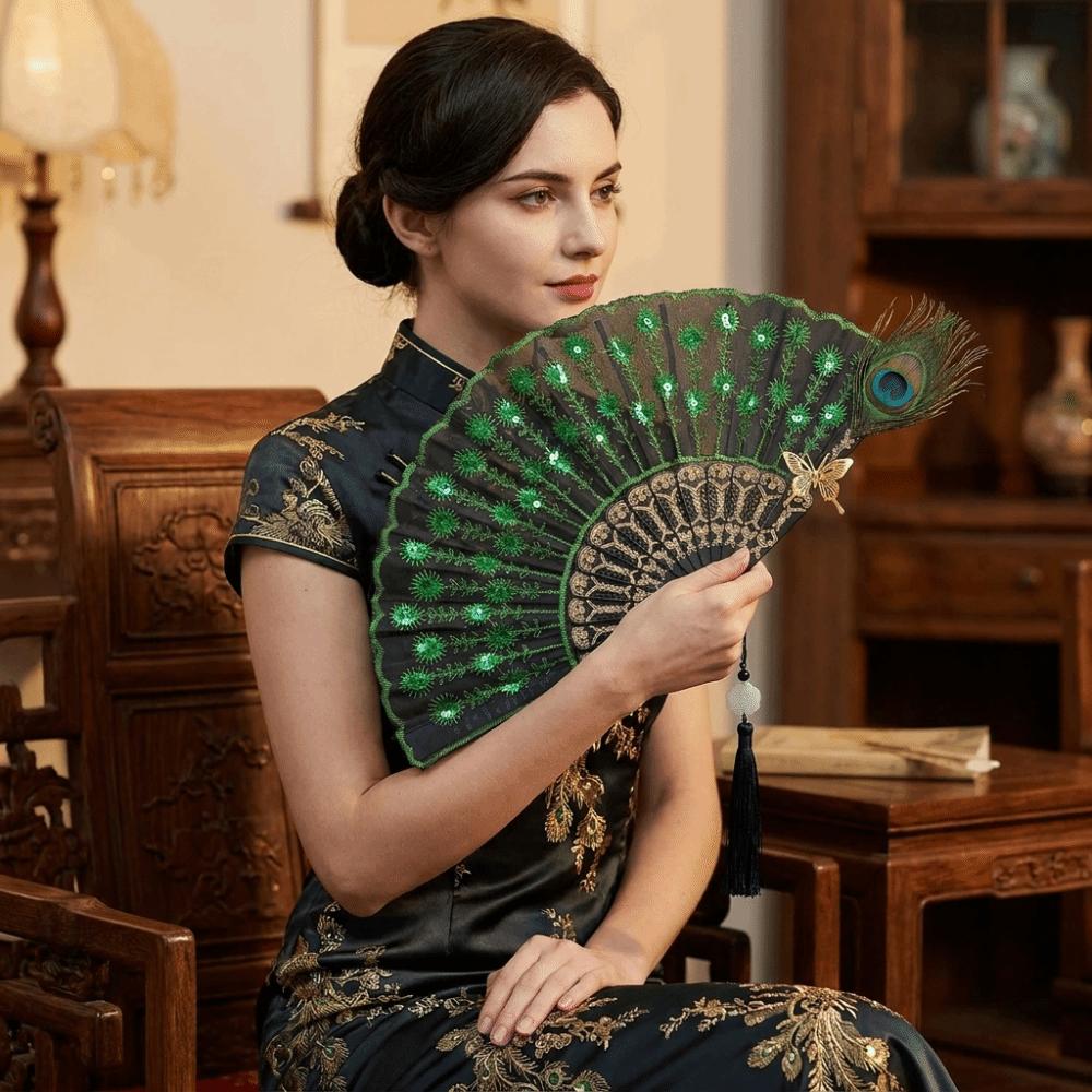 Portable Peacock Feather Folding Fan Exquisite Dance Hand Fans  Wedding Party Decor