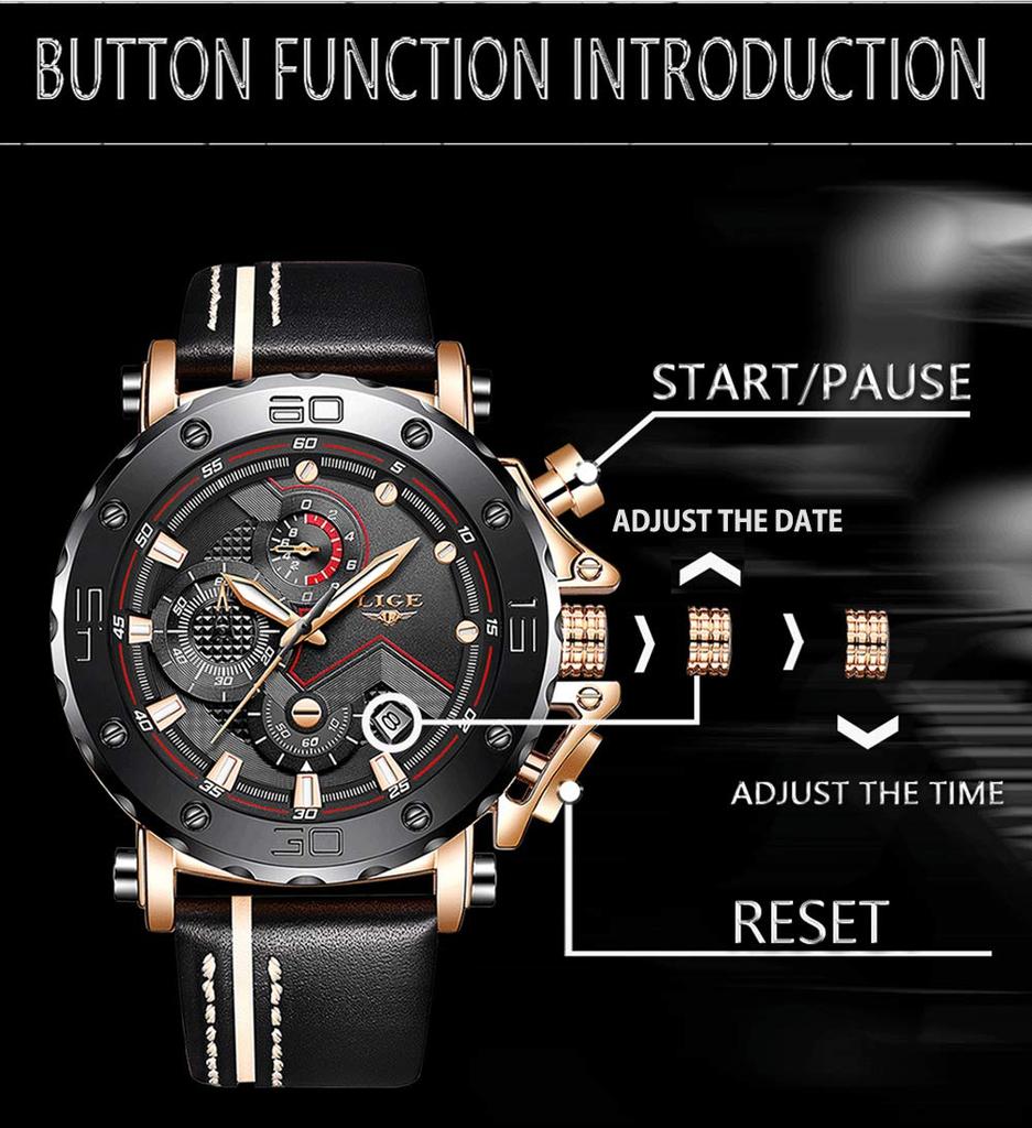 LIGE Men's Multifunction Quartz Watch LG9899A Black Genuine Leather Strap Chronograph Date Display Water Resistant