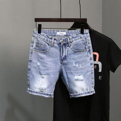 Men's Trendy Light Blue Ripped Denim Shorts, Korean Style Slim Fit with Ripped Pockets