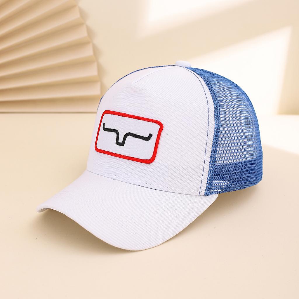 The color-blocked embroidered horn-shaped mesh cap is a fashionable and trendy baseball cap for daily leisure and outdoor sports