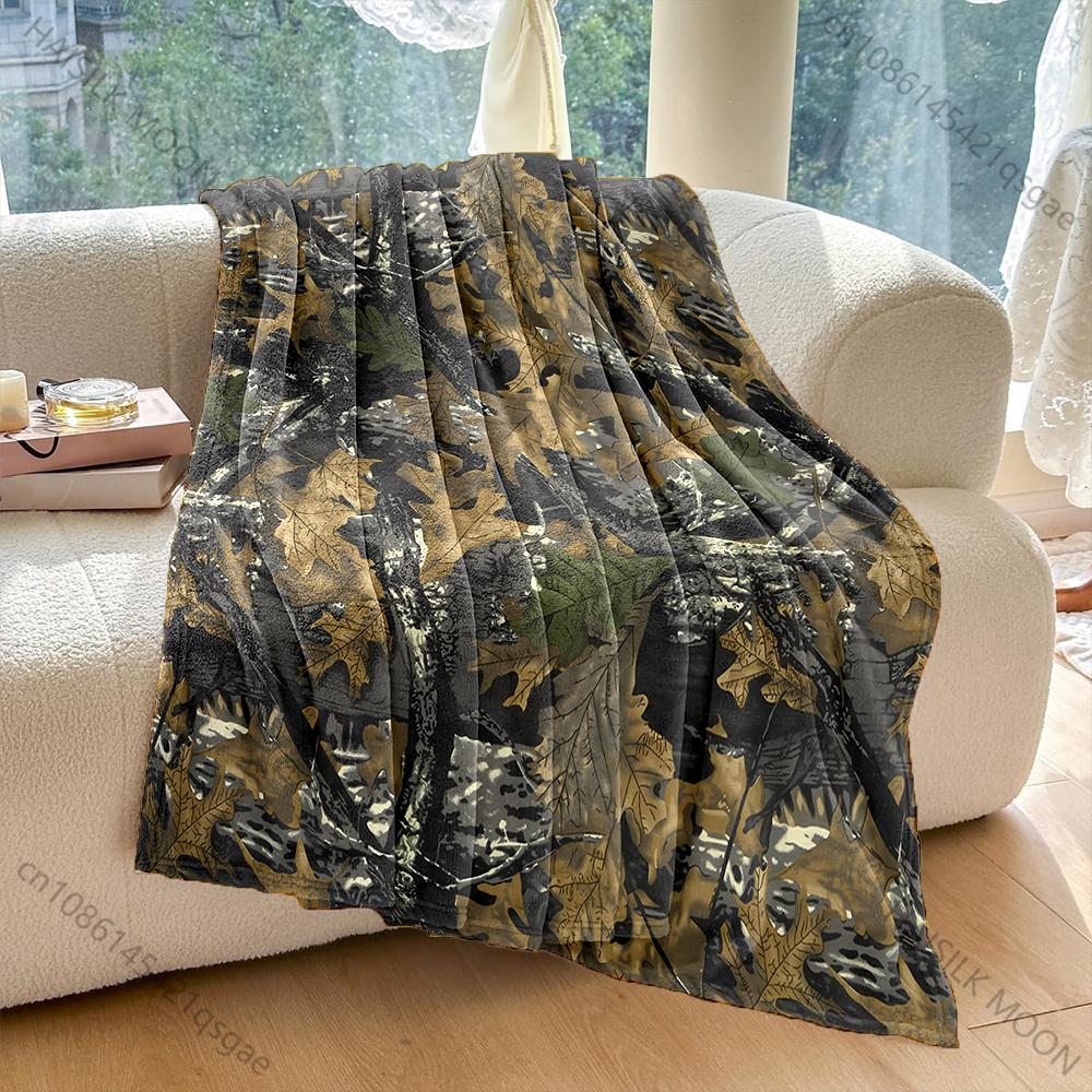 Realistic Camo with Leaves. Pattern Blanket Flannel Material Soft Warm for All Seasons, Home Outdoor Camping Picnics RV Gifts