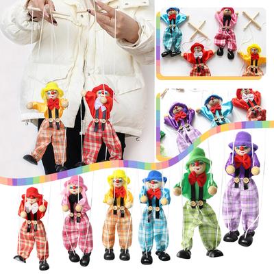 Funny Colorful Pull String Puppet Vintage Clown, Wooden Marionette Toy With Joint Activity For Baby Boys Or Girls