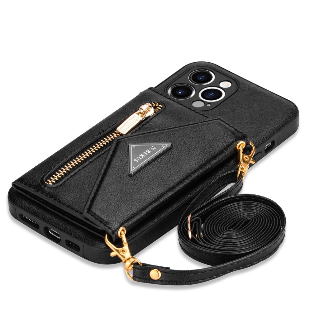Portofel cu fermoar pentru iPhone 16 15 Plus 14 13 12 Mini 11 X XR XS Pro Max Husă cu suport pentru carduri Curea Lanyard Crossbody din piele Husă