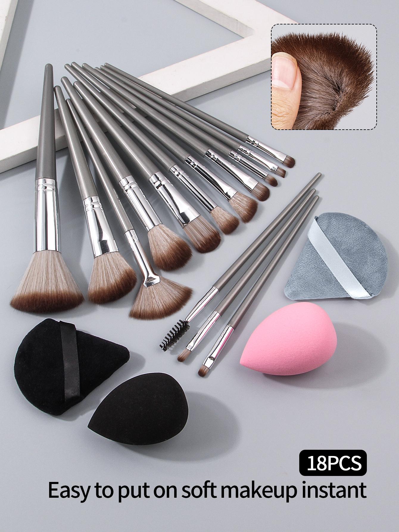 

18PCS Professional Makeup Brush Set-Including 14Makeup Brushes,2Beauty Sponges&2Triangle Powder Puffs,Full-Size Makeup Tools Kit серый