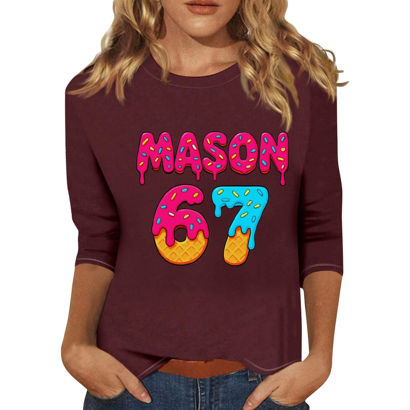 

Women s Fashionable Casual Three-Quarter Sleeve Printed Neck T-Shirt Top L винный