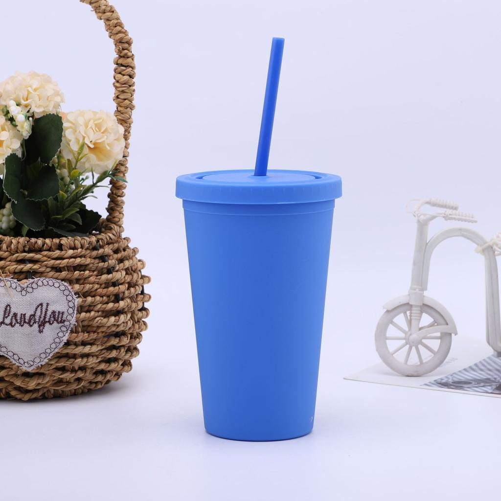 16/24 oz doppelwandiger Plastikbecher mit Strohhalm, Kaffeebecher, gefrosteter Plastikbecher, handlicher Wasserbecher, leicht zu tragen, Strohhalm, Wasserkocher, Sportflasche