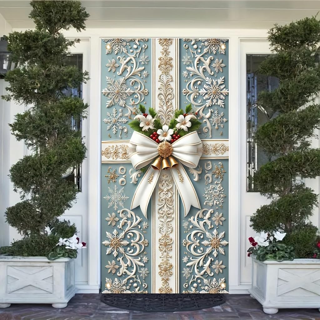 Door Cover Golden Gift Box Bow 71x35 Inch Decorative Holiday Front Door WrapChristmas Party Wedding Birthday Celebration Indoor Qutdoor Decoration