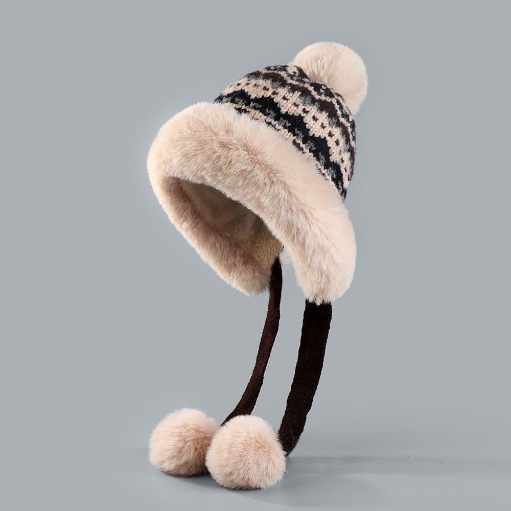Winter Fleece Lined Warm Knitted Hat Outdoor Casual Ear Flap Ribbon Beanie Face Slimming Cold Proof Plush Hat