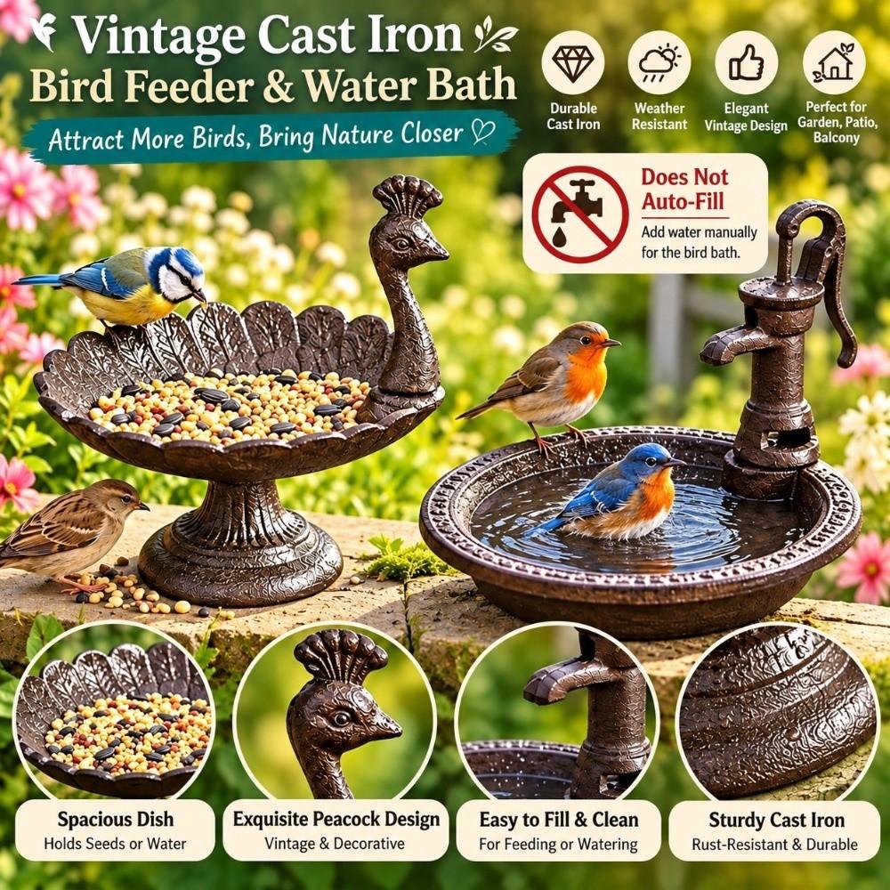 Vintage Bird Feeder Rustproof Water Pump Bird Feeder Rustic Peacock Shaped Bird Bath  Wild Birds