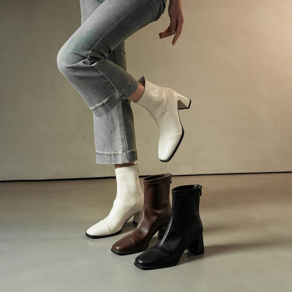 White square head thick heel short boots women's autumn and winter new simple temperament thin versatile zipper thin boots