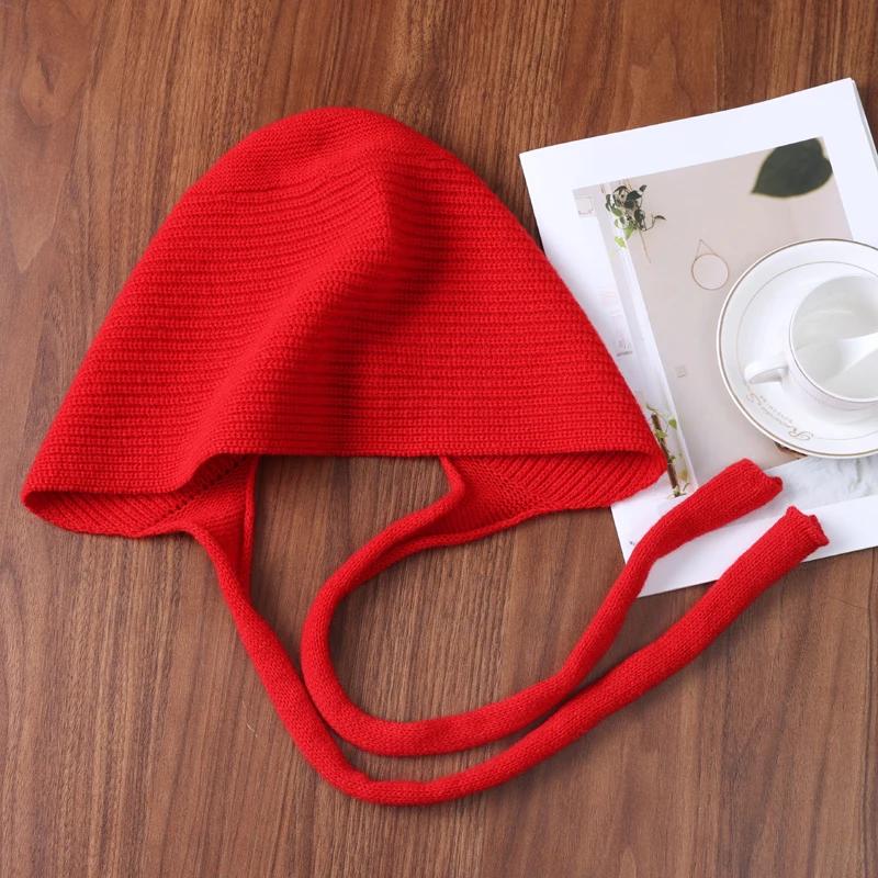 100% Wolle Einfarbige Gestrickte Mütze mit Ohrklappen und langem Zopfband Warm für Herbst & Winter Modischer Schnür-Pullover Woll-Kopfbedeckung