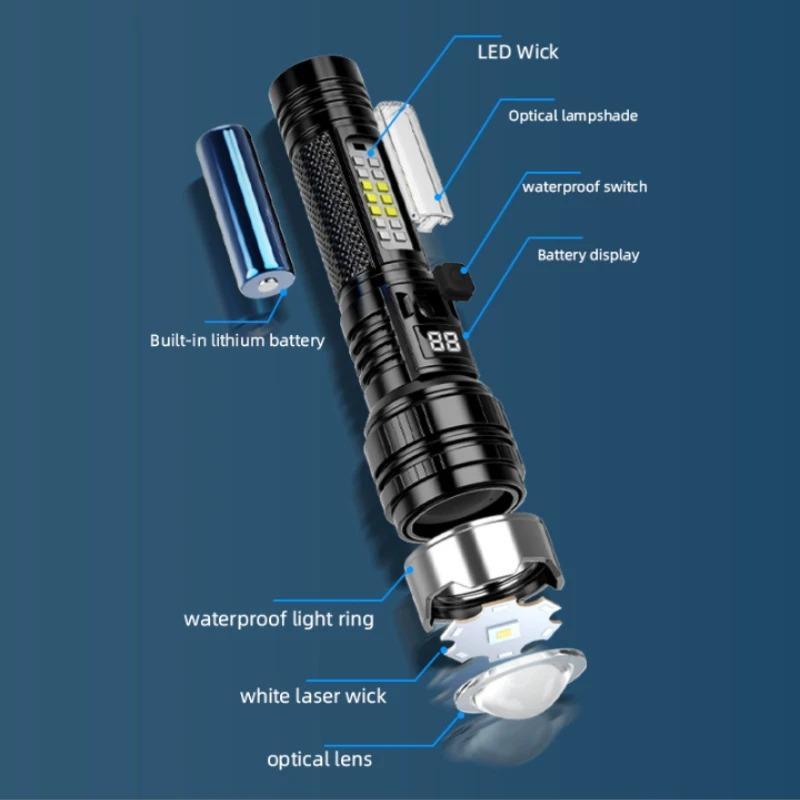 5 Modes USB Rechargeable LED Flashlight Powerful Zoom Torch with COB Side Lights Outdoor Emergency Lantern Camping Portable Lamp