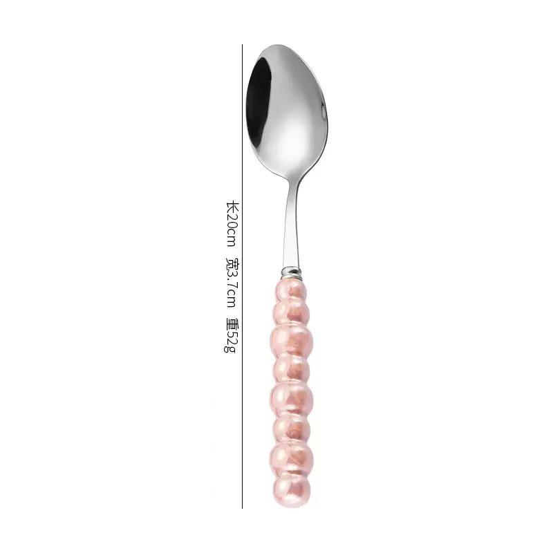 Norse Luxe Ceramic Pearl Cutlery Set: Fork, Knife & Spoon in Elegant Stainless Steel