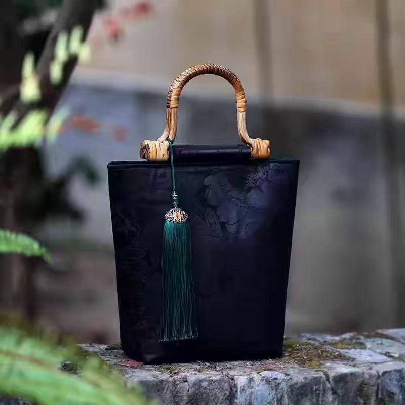 New Chinese Style and New Chinese Style Bag with Large Capacity Bamboo Handle, Fragrant Cloud Yarn, Retro Style Hanfu Qipao, Hand-held Bag