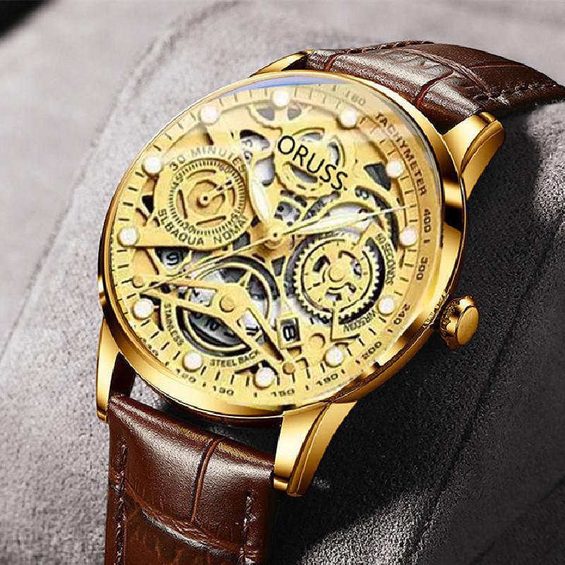 

Часы ORUSS, мужские часы с полным скелетонизированным механизмом, автоматические водонепроницаемые светящиеся кварцевые атмосферные модные мужские часы