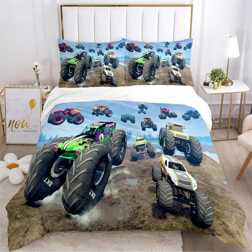

Мультяшна вантажівка-монстр Всесезонна підодіяльник Підодіяльник Комплекти постільної білизни М які підодіяльники та наволочки Single/Double/Queen/King 155x220cm 3pcs