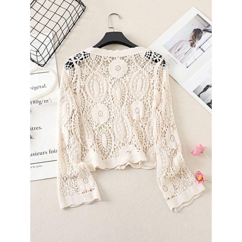 Fashion V-neck Single Breasted Crocheted Flower Cut Out Knitting Cardigan Outer Long-Sleeves Air Conditioning Shirt Sun Protection Clothing for Women