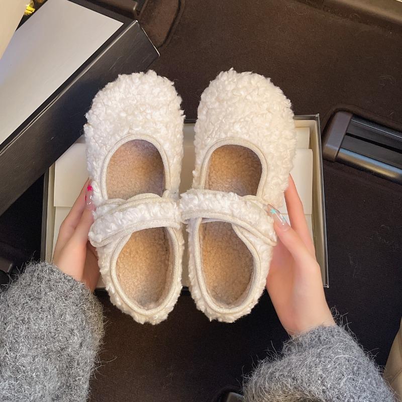 Fashion Autumn Woolen Fur Women Warm Cotton Flats Shoes Concise Outdoor Soft Sole Shoes Ladies Comfort Mary Jane Shoes