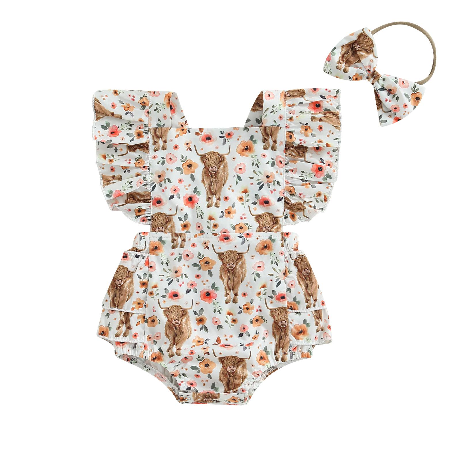 

Детский комбинезон с повязкой на голову, летний комбинезон с рукавами-крылышками и квадратным вырезом, головной убор с принтом быка 18-24 Months белый