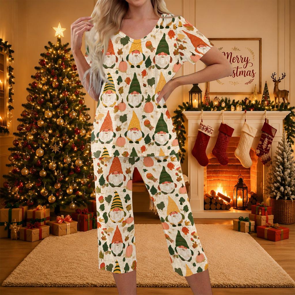 Women's Casual Two-Piece Set - Christmas Print Short Sleeve Top and Pants
