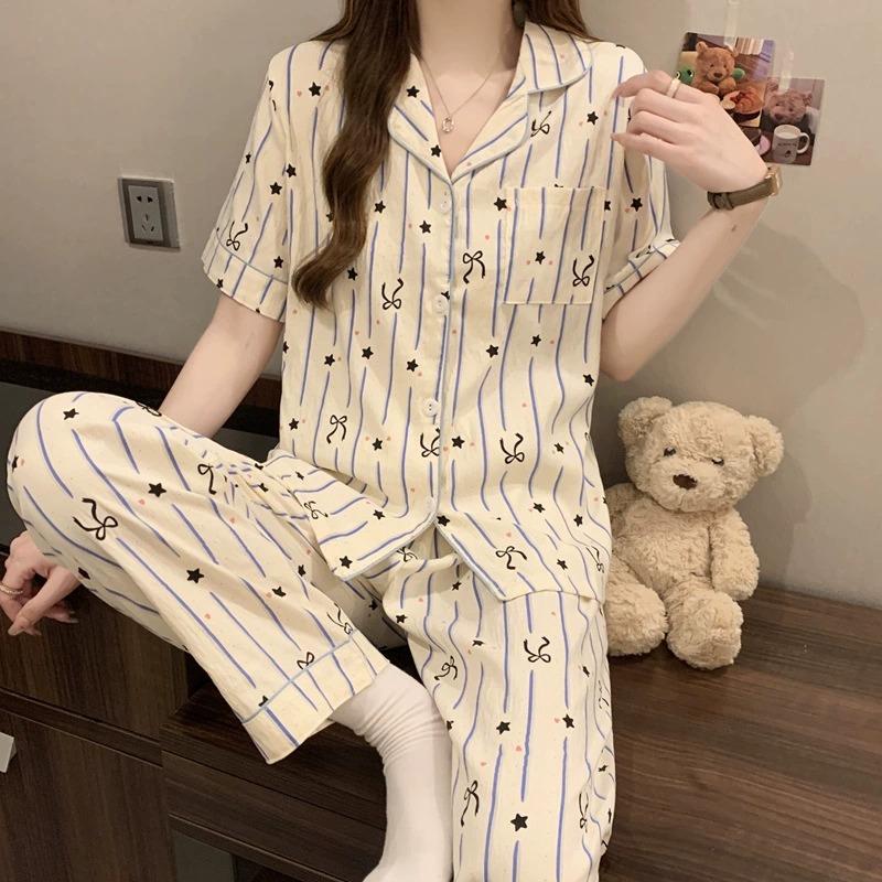 Short-sleeved Trousers, Summer Pajamas, Women's Cardigan, Casual Home Service 2-piece Suit