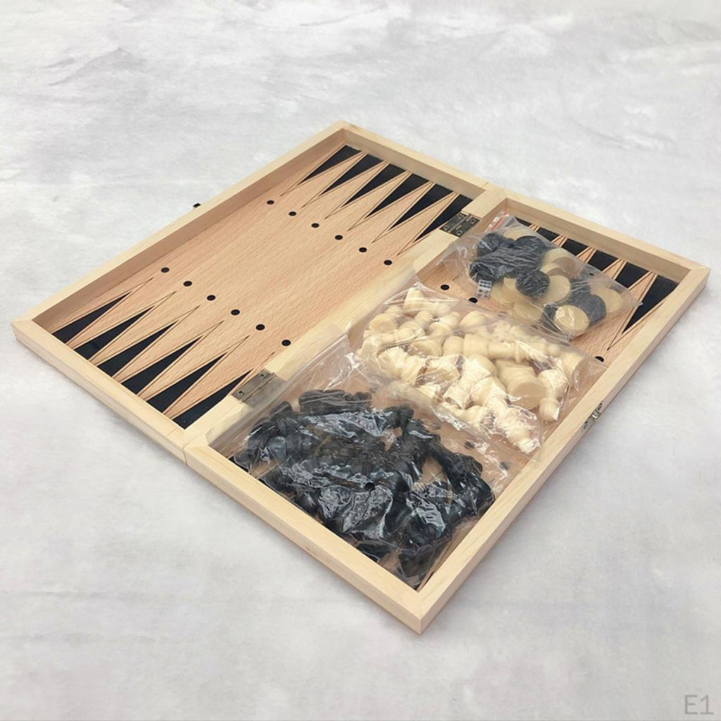 Folding Wooden Chess Backgammon Set with Storage Case Round Pieces