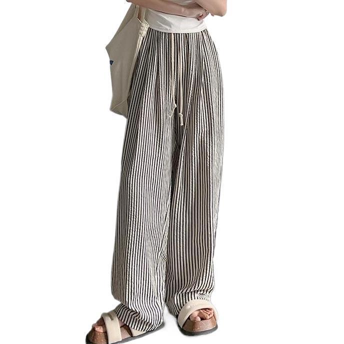 Women's Summer Striped Wide-Leg High-Waisted Pants with Drawstring