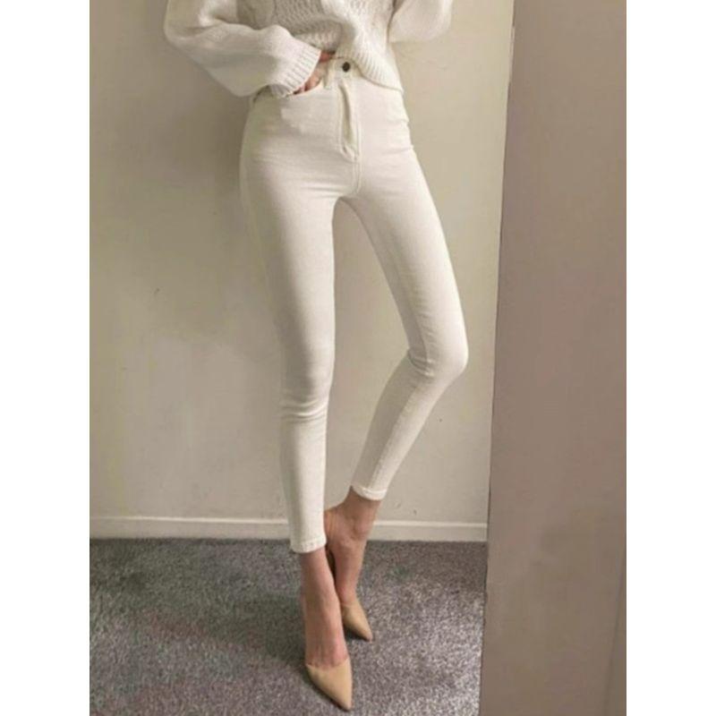 Fashion Basic Style Milky White High Waist Figure Flattering Hip-Lifting Easiest for Match Stretch Pencil Skinny Jeans Denim Nine Points Female