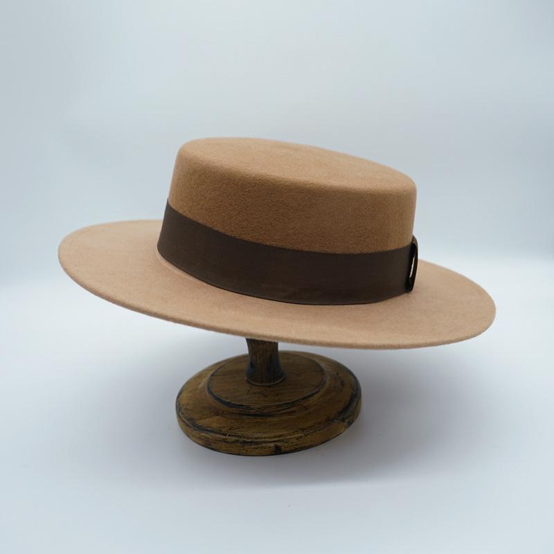 French Elegance Gradual Change Camel Color Matching Retro British Wool Woolen Flat Top Top Hat Women Autumn And Winter Felt Wide Brim Japanese