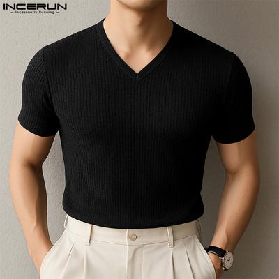 Summer Men V Neck Short Sleeves Rib Solid Color Tops T-shirts