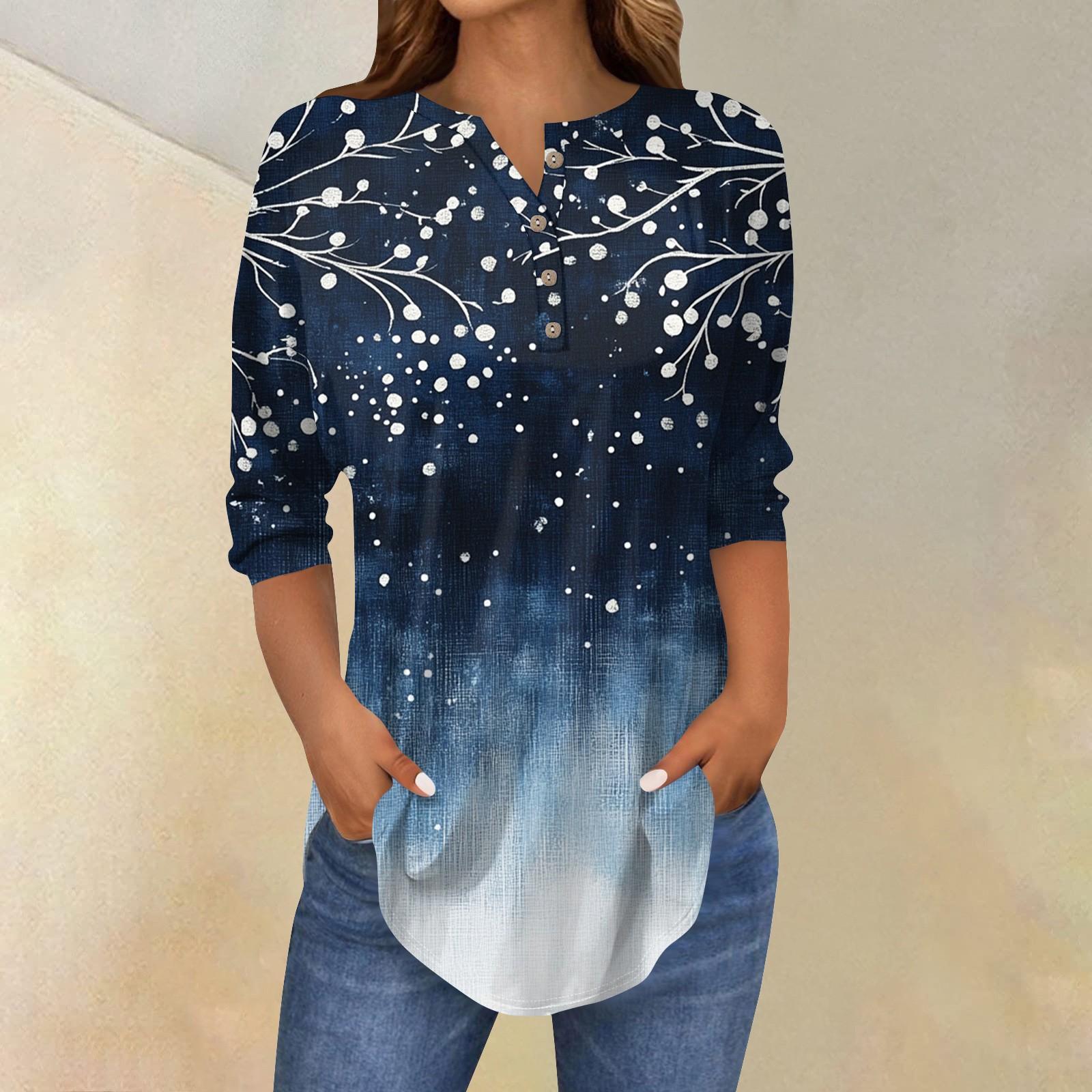 

Женская мода свободный воротник на пуговицах с принтом рукав 3/43/4 футболка топы пуловер XL