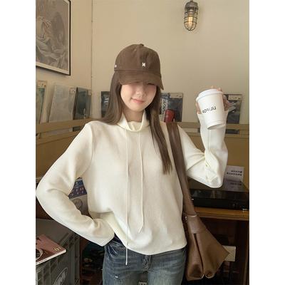 Apricot Half-high Collar Drawstring Design Long-sleeved T-shirt for Women In Autumn and Winter New Style Lazy Loose Inner Layering Shirt Top