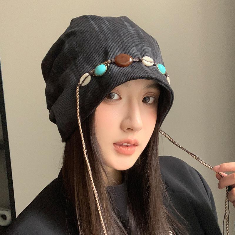 1Pcs Versatile Beading Baggy Cap Bohemian Style Ethnic Style Beanies Cap Polyester Keep Warm Pullover Hat For Autumn And Winter