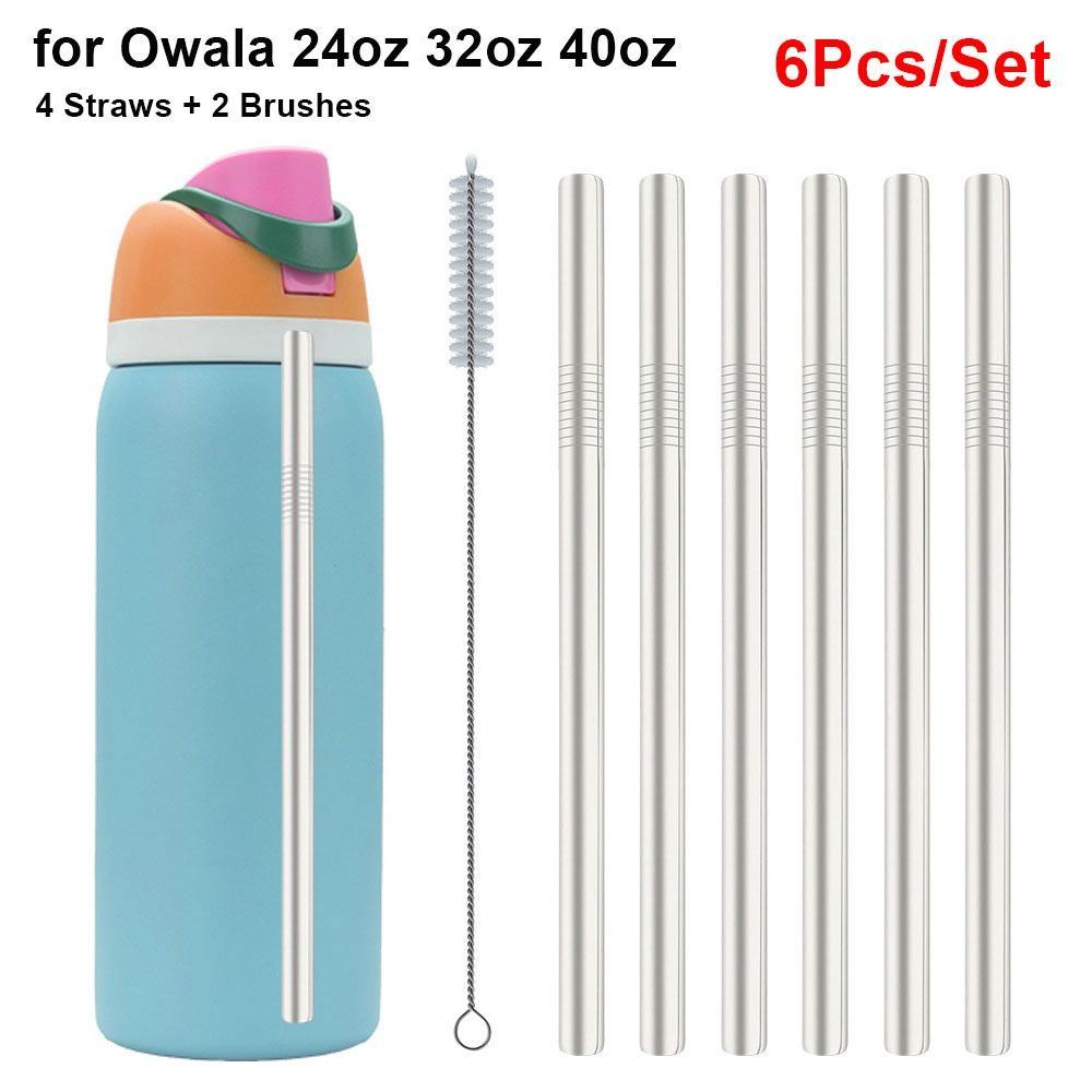 6Pcs/Set With Brush Stainless Steel Straw Cup Replacement Straw  for Owala 16oz 19oz 24oz 32oz 40oz