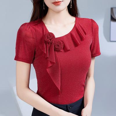 Nueva Estilo Verano Estilo Asimétrico Gasa Camisa Volantes Flor Manga Corta Camiseta para Mujeres