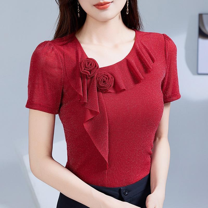 Neuer Stil Sommerstil Schrägkragenspitze Gazehemd Rüschenblumen Kurzarm-T-Shirt für Damen