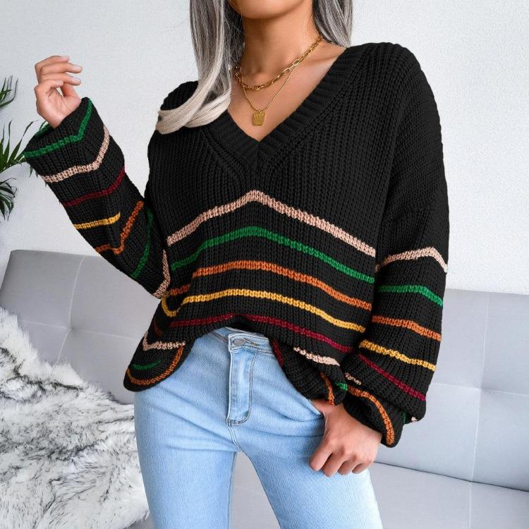 Loose Rainbow Striped Women Sweater V Neck Long Sleeve Fall Winter S-L S чёрный