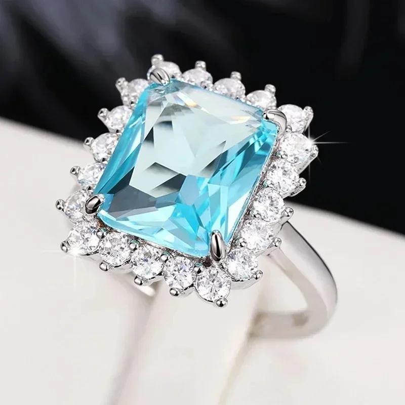 Bridal Wedding Love Water Drop Shining Design French Romantic Horse Eye Blue Zircon Ring Trendy Elegant Jewelry
