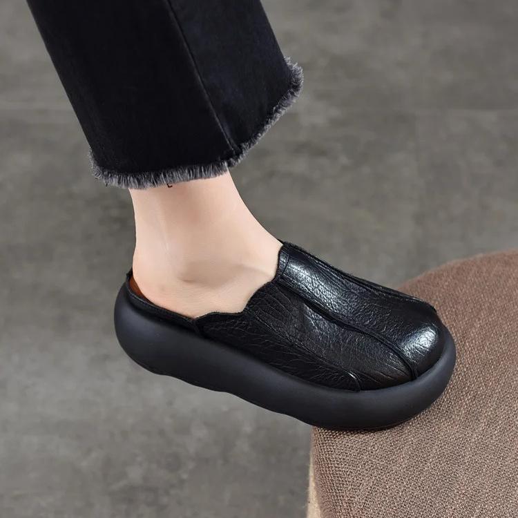 Johnature Vintage Genuine Leather Thick Soled Outdoor Slippers Round Toe Women's Slip-on Shoes