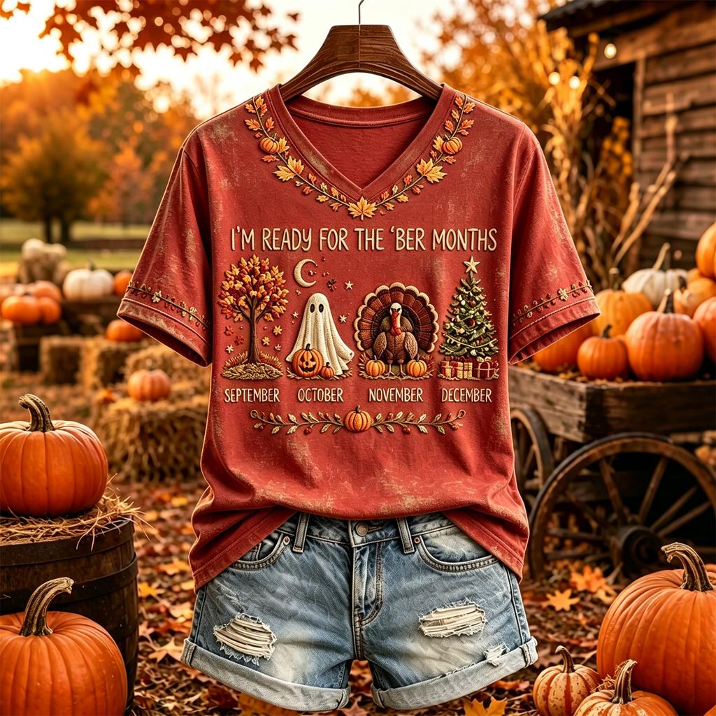 Women's Casual V-Neck Short Sleeve Pullover Top with Thanksgiving Print