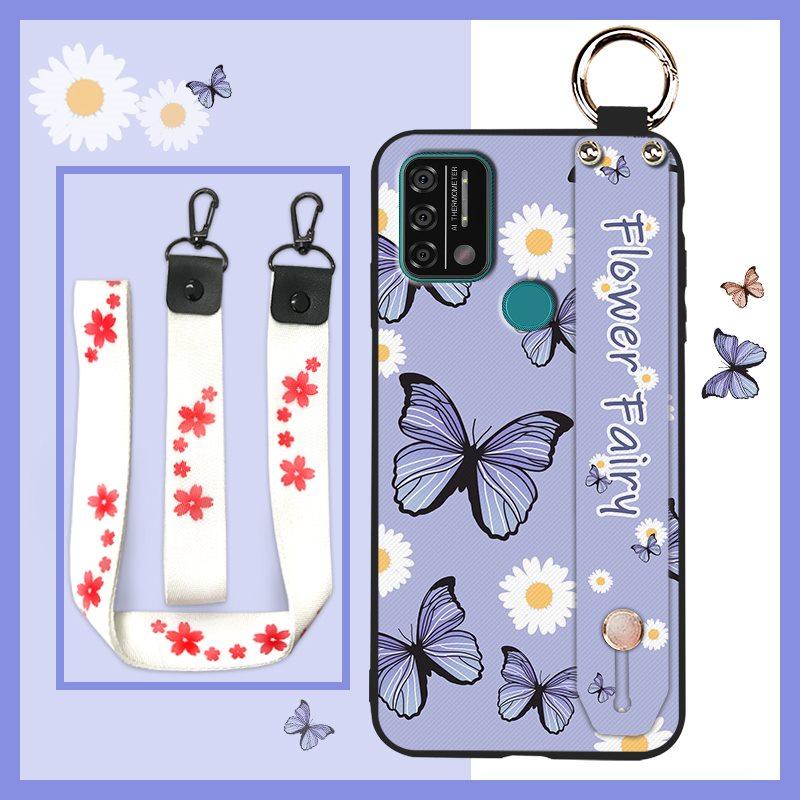 Silicone Waterproof Phone Case For UMIDIGI A9 Protective Oil Painting Flower Wrist Strap Kickstand Dirt-resistant Ring