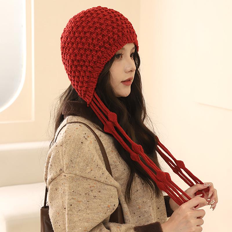 Hand-woven fringed knitted hat women's autumn and winter new warm ear protection hat big head circumference showing face small head hat