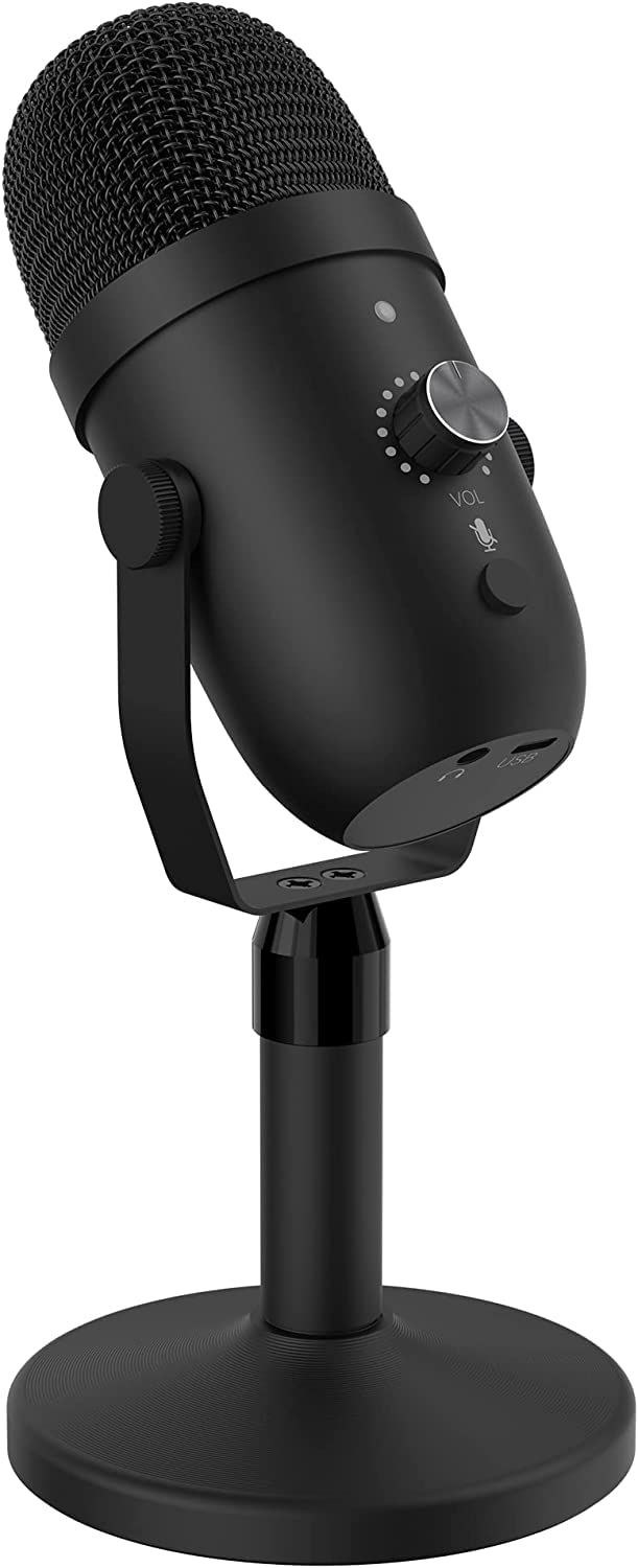 

Faunow USB Condenser Microphone, Unidirectional, for PC, Mute Button, Noise Reduction, with Microphone Stand, LED Indicator Light, Volume Control,