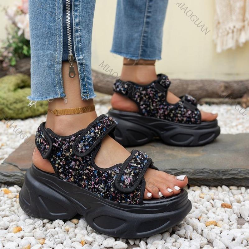 Sandalen Sommer Neu Lässig Sportlicher Stil Damenschuhe Mode Plateau Pailletten Keilsandalen Femmes Hoher Absatz Offene Zehenpartie Römische Sandalen