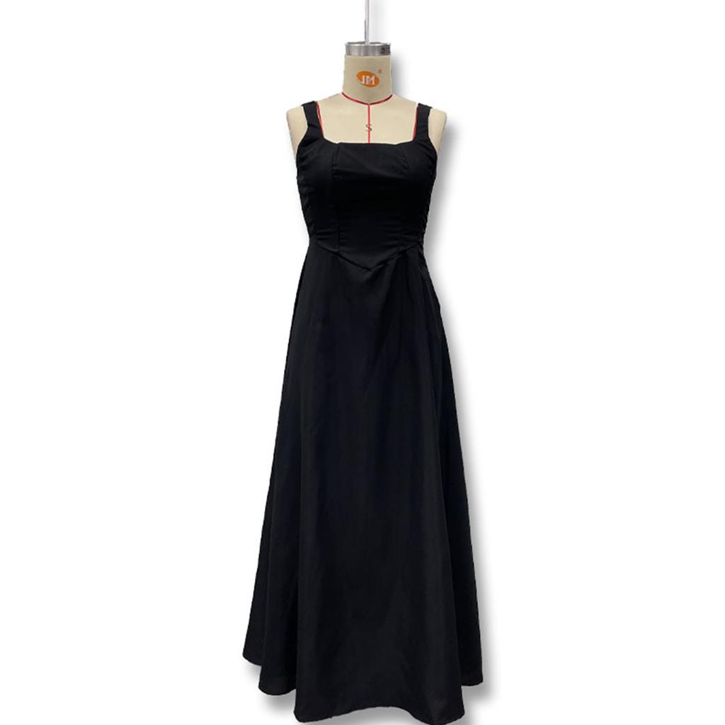 Women's Elegant Color Square Neck Sleeveless Fitted Waist Suspender Dress